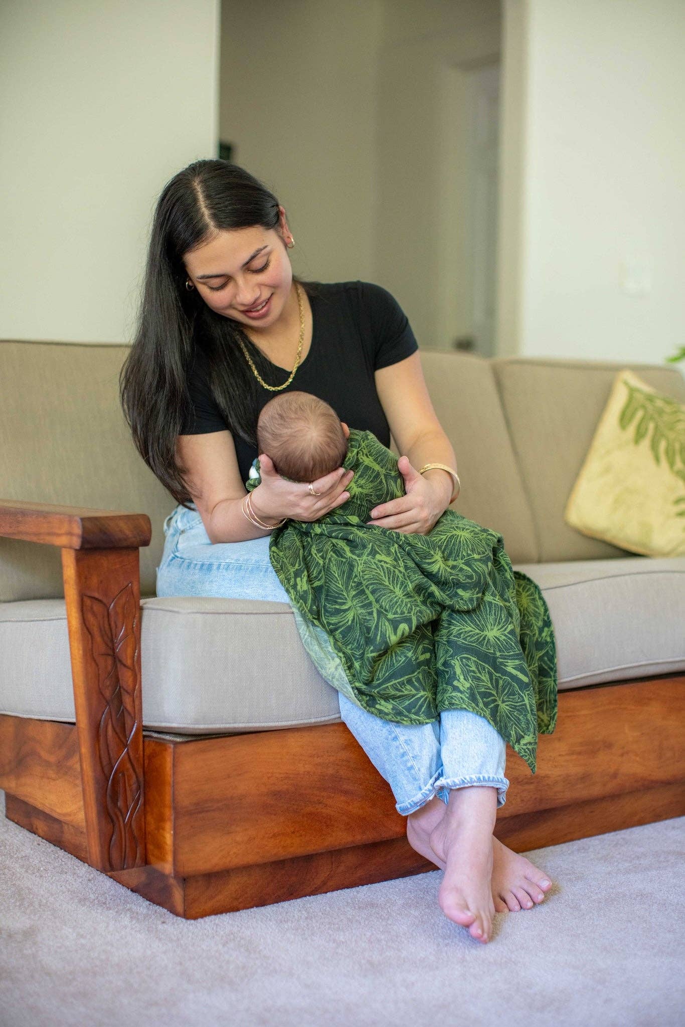 Green Kalo Scribble Bamboo Muslin Kapa Moe (Swaddle Blanket)