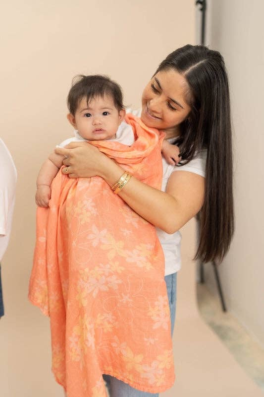 Pink & Orange Plumeria Bamboo Muslin Swaddle Blanket