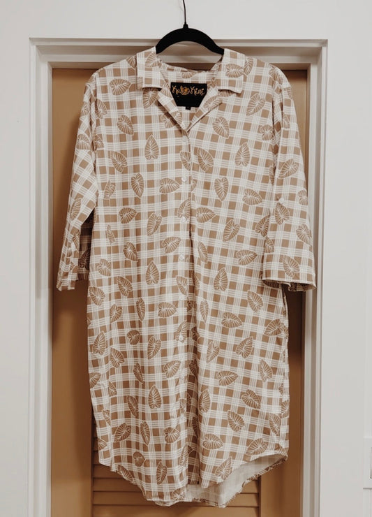 Kalo Kini: Aloha Shirt Dress Tan Palaka L