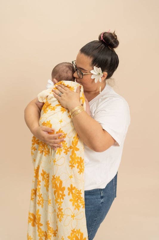 Hawaiian Yellow Plumeria Bamboo Muslin Swaddle Blanket